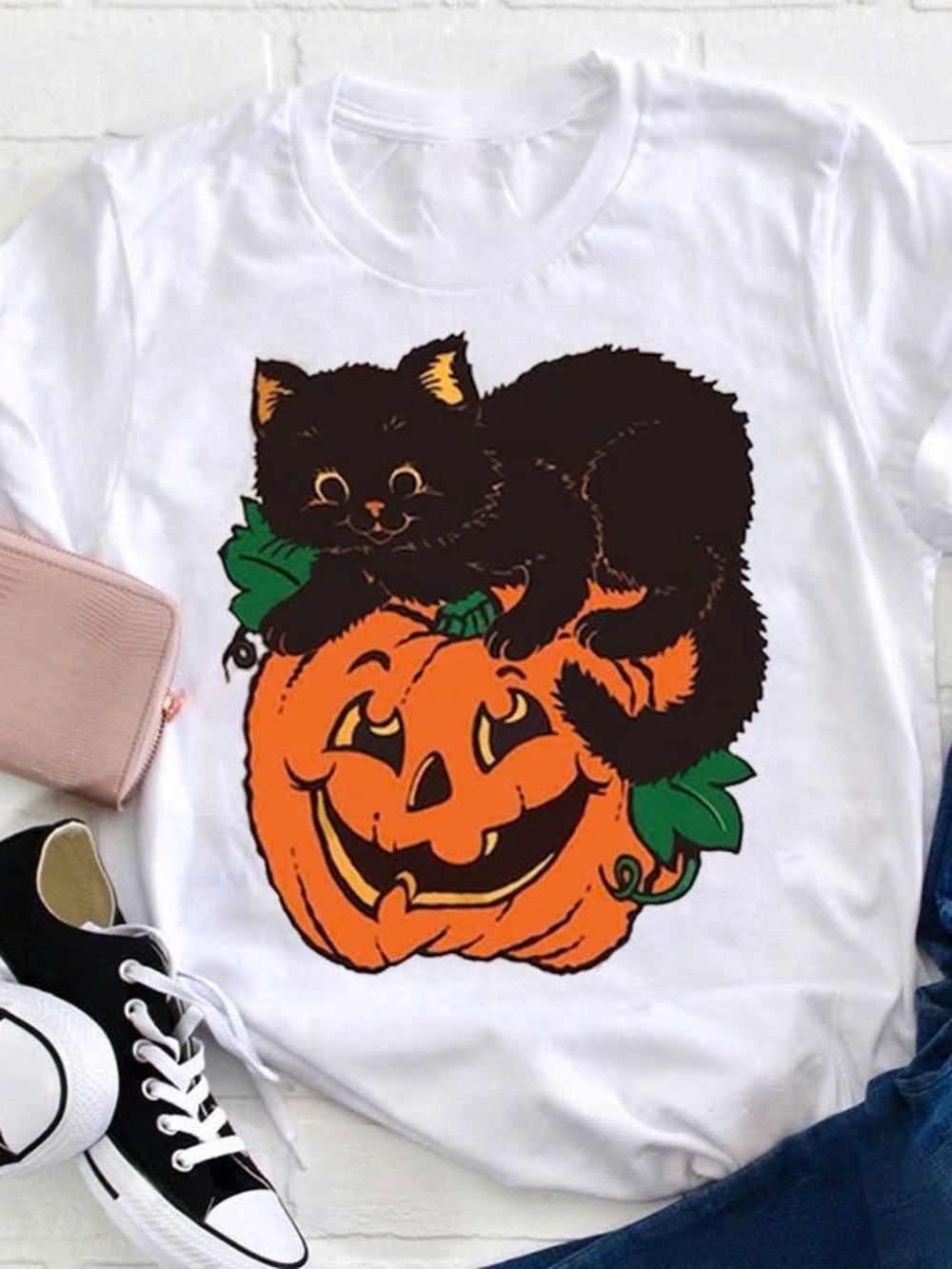 Gildan White Tee with Black Cat and Orange Pumpkin Graphic
